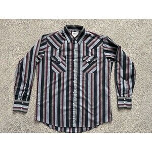 Ely Cattleman Gray Black Maroon Striped Size L Long Sleeve Vintage Western Snaps
